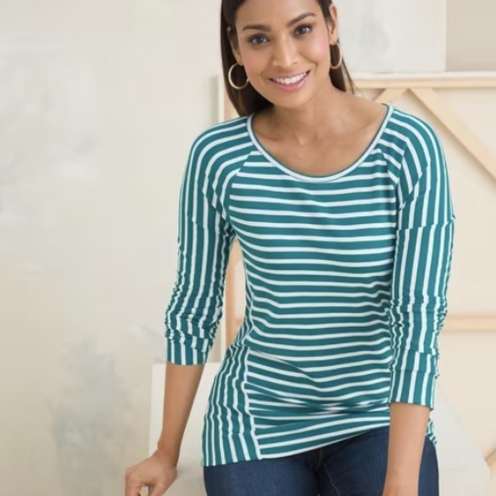 Chico's Green & White Mixed Stripe Ponte Top Size 8